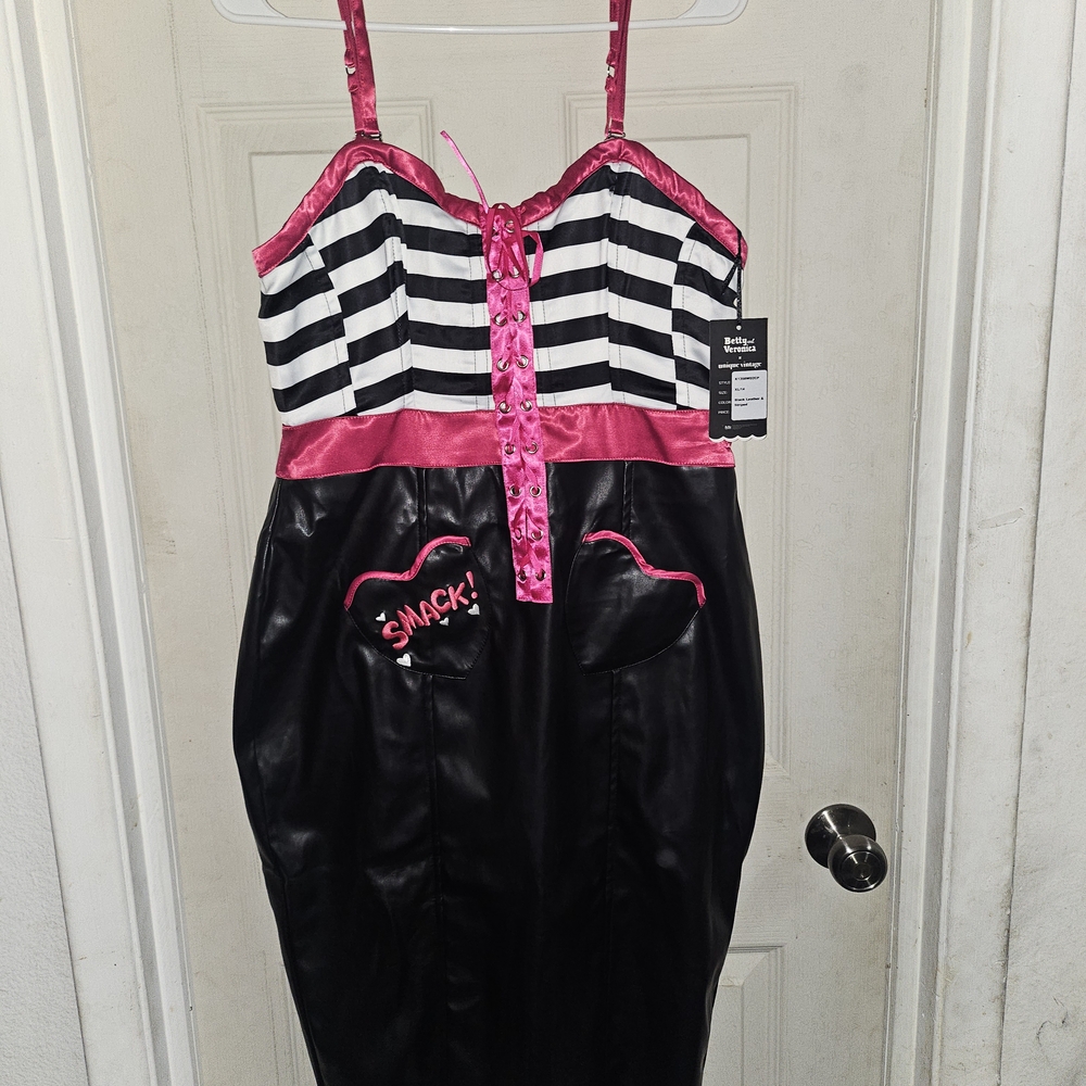 Black and White Striped Dress with Pink Accents